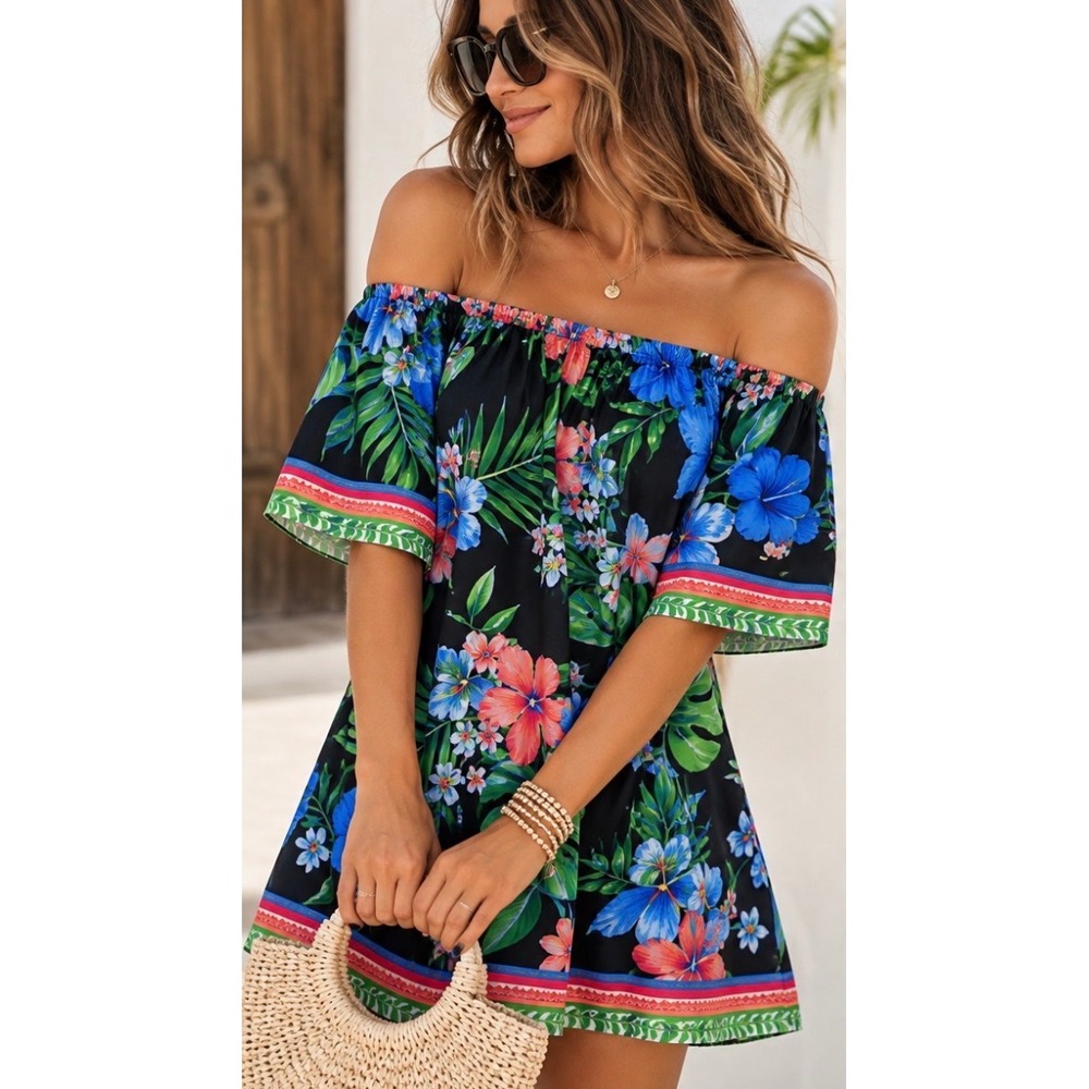 Free Market Tropical Floral Off Shoulder Dress Black Blue Pink Medium